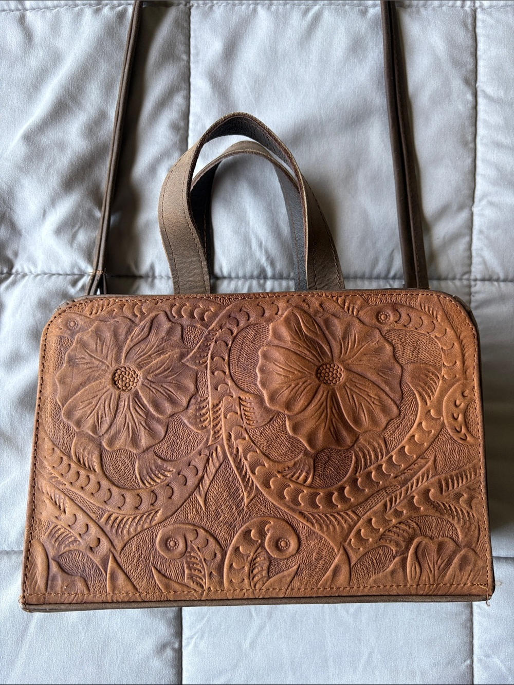 Hand-Tooled Floral Leather Tote Bag - Brown